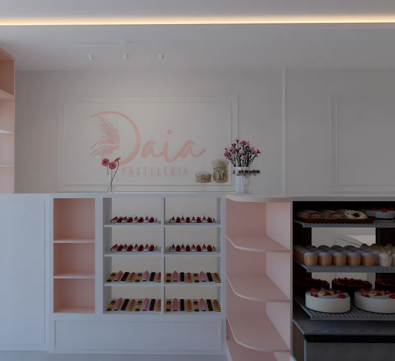 Interior de Daia Pastelería con exhibidores a medida en rosa empolvado