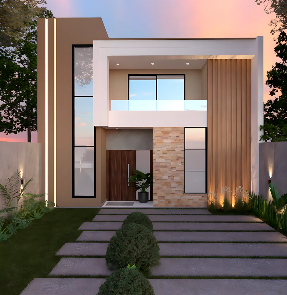 Render del proyecto Duplex al atardecer: fachada moderna de hormigón, madera y piedra