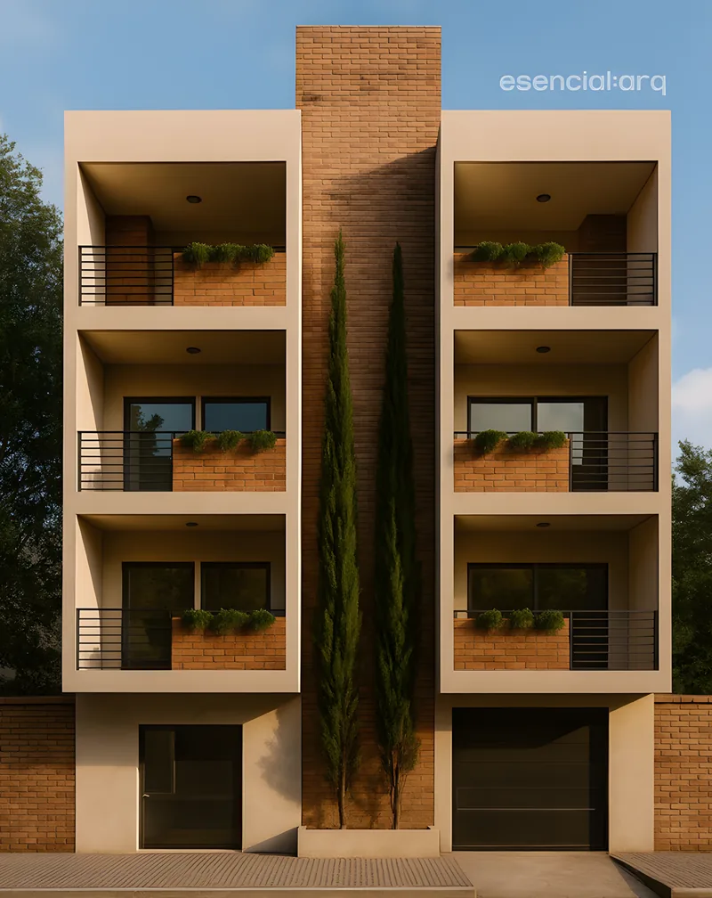 Edificio San: cuatro plantas de departamentos con balcones, ladrillo y un ciprés en el centro